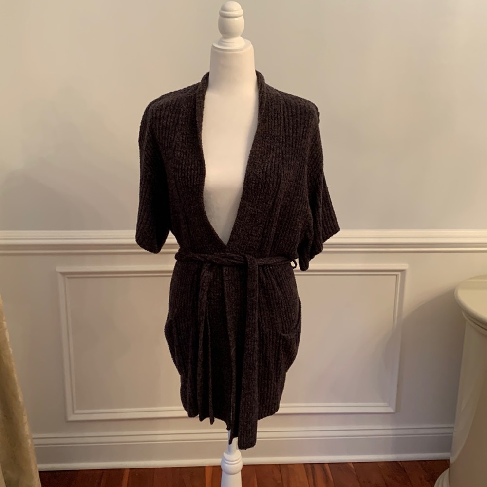 Barefoot Dreams Gray Cardigan Three Quarter Length Sleeve Sweater With Belt
